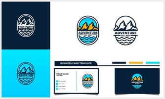 badge adventure mountain and sea logo concept with line art style and business card template vector