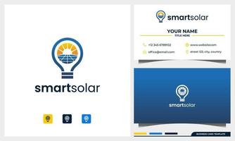 Panel solar y logotipo de energía solar con diseño de logotipo de concepto de bombilla y plantilla de tarjeta de visita vector