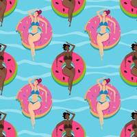 Seamless pattern with beautiful girls on inflatable pool floats. vector