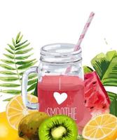 Smoothie jar with tropical leaf, watermelon, kiwi and oranges. vector