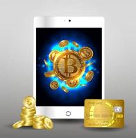 Fondo digital futurista con bitcoin a tableta. el concepto de red tecnológica. vector