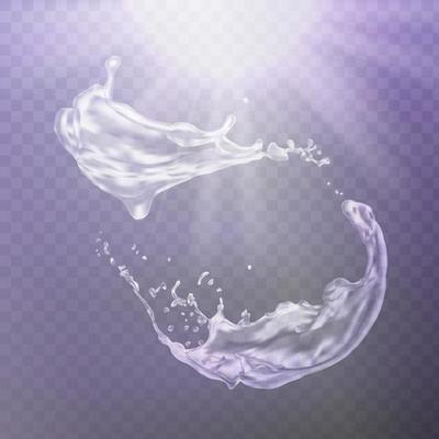Set of translucent water splashes, drops and crown in light blue colors