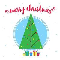 Merry Christmas greeting postcard with christmas fir and text flat style vector illustration. Celebrating christmas and happy new year card with gifts and tree isolated on snowflakes background.