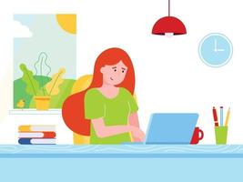 Freelance female girl businesswoman relaxing working on laptop at the home office. Woman, notebook, desk, books, pen, pencil, lamp, cup of coffee, window, clock flat style vector illustration isolated