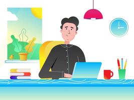 Freelance male in white shirt working on a laptop computer at the home office. Man, notebook, table, books, pen, pencil, lamp, cup of coffee, window, clock flat style vector illustration isolated.