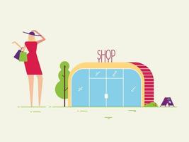 Woman near shop building with packages vector illustration flat style. Tree, grass and outdoor environment. Happy byer, customer or happy client in abstract minimal style isolated on white background