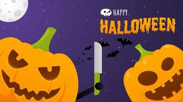 cartel de feliz halloween con dos calabazas con expresión de caras de miedo vector