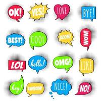 16 Speech bubbles flat gradient style design on halftone with text love, yes, like, lol, cool, wow, boom, yes... hand drawn comic cartoon style set vector illustration isolated on white background.