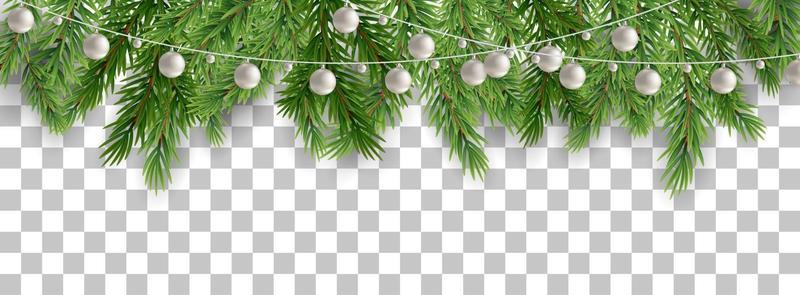 Merry Christmas and happy New Year border of tree branches and garland beads on transparent background. Vector illustration.