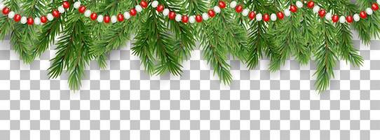 Feliz Navidad y feliz año nuevo borde de ramas de árboles y cuentas de guirnalda sobre fondo transparente. ilustración vectorial vector
