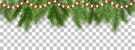 Merry Christmas and happy New Year border of tree branches and garland beads on transparent background. Vector illustration