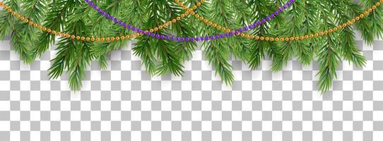 Merry Christmas and happy New Year border of tree branches and garland beads on transparent background. Vector illustration
