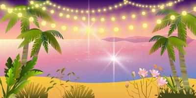 Hello summer evening party banner, paradise vacation background, ocean, beach, palm trees, sand vector