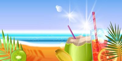 banner de vacaciones de verano, fondo junto al mar, bebida en coco, frutas exóticas, arena, océano vector
