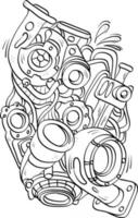 componentes del motor de coche doodle contorno estilo de escritura a mano vector