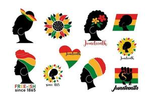Set of Juneteenth banners with silhouette  african woman, colorful flag, heart, sunflowers isolated on white background. Vector flat illustration. Design for backdrop, poster, greeting card, flyer