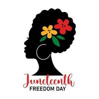 Juneteenth Freedom Day quote with African woman and colorful flowers isolated on white background. Vector flat illustration. Design for banner, poster, greeting card, flyer