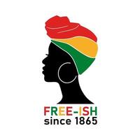 Juneteenth free-ish since June 19, 1865 quote with African woman and flag isolated on white background. Vector flat illustration. Design for banner, poster, greeting card, flyer
