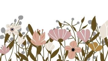 telón de fondo horizontal decorado con flores en flor y borde de hojas. vector de fondo de naturaleza de arte abstracto. marco de plantas de moda. jardín de flores. diseño de patrón floral botánico para banner de venta de verano