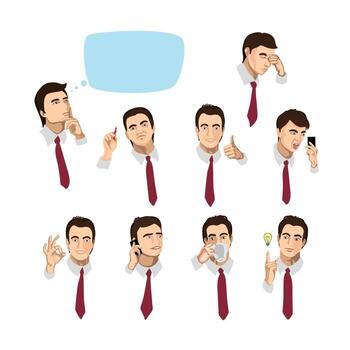 Set of portraits of a businessman with different emotions and actions vector