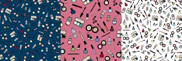 Set of 3 hand drawn cosmetics and makeup seamless pattern. vector