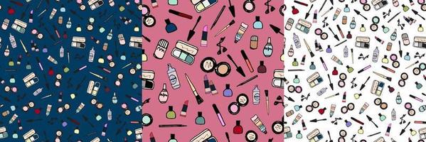 conjunto de 3 cosméticos dibujados a mano y maquillaje de patrones sin fisuras. vector