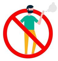 señal de no fumar con hombre de pie. icono de signo prohibido aislado en la ilustración de vector de fondo blanco. hombre fuma cigarrillos, círculo de prohibición rojo aislado sobre fondo blanco.