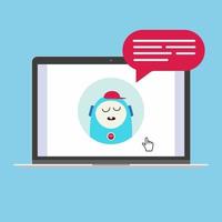 Modern device - laptop, notebook, netbook pc flat design with chat bot speak in the bubble popped on screen icon vector illustration. Technology concept of online chatting isolated on blue background