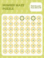 Math number maze puzzle. Prinatble math worksheet page. vector