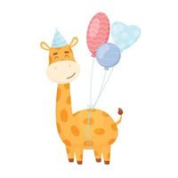 Cute cartoon giraffe character with air balloons. Birthday card. vector illustration