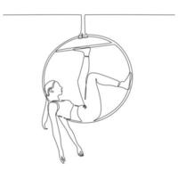 continuous line drawing of a woman playing the air ring circus vector illustration