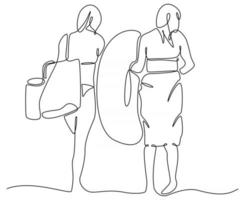 dibujo de línea continua de mujer caminando por la playa, ilustración vectorial vector