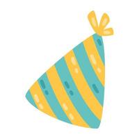 Party hat with stripes. Accessory symbol of the birthday. Holiday cap. Vector objects isolated on white background. Flat design.