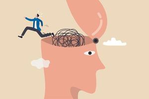Escapism, escape from depressed mind impacted by COVID-19 pandemic, exit or leave depression, anxiety or stressed lockdown concept, man run away escape from mess tangled line brain on his open head. vector