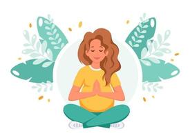 Pregnant woman meditating in lotus pose. Healthy pregnancy concept. vector