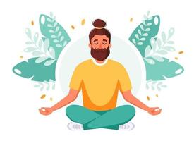 hombre meditando en posición de loto. estilo de vida saludable, relax, meditación. vector