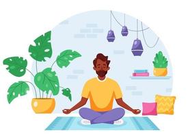 Black man meditating in lotus pose in cozy modern interior. Healthy lifestyle vector