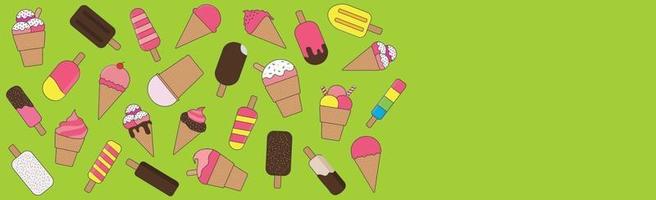 A scattering of different types of ice cream on a yellow-green background - Vector