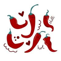 Hand drawn red hot chilli peppers, cute and modern flat illustration.
