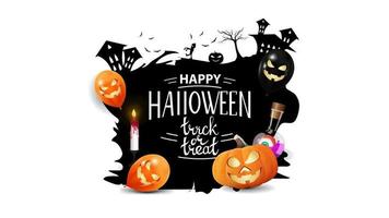 Happy Halloween, trick or treat, banner for your creativity isolated on white background. Logo with silhouette of city, pumpkin and halloween balloons vector