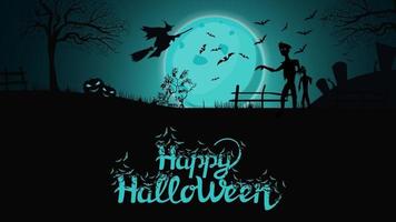 Fondo de Halloween, plantilla para tu creatividad con paisaje nocturno con gran luna llena azul, zombies, brujas y calabazas. plantilla con espacio para texto vector