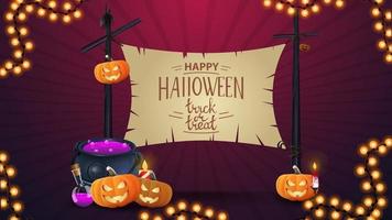 Happy Halloween, banner template with beautiful lettering, witch's cauldron and pumpkin Jack. Old sign stretched between two pillars for your text vector