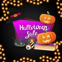 venta de halloween, pancarta rosa geométrica en forma de placa afilada cuadrangular con libro de hechizos y gato de calabaza vector