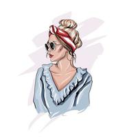 Beautiful young woman in sunglasses. Stylish girl in a red headband. Fashionable feminine look, colored drawing, realistic. Vector illustration of paints
