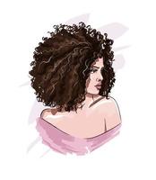 Beautiful young woman with curly hair. Stylish african american girl with afro hairstyle, colored drawing, realistic. Vector illustration of paints