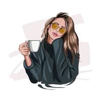hermosa mujer joven con taza de café de plástico en la mano. chica con estilo, dibujo coloreado, realista. ilustración vectorial de pinturas vector