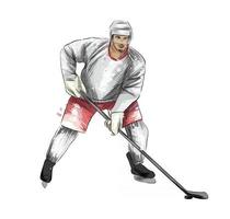 Abstract hockey player from splash of watercolors, colored drawing, realistic. Winter sport. Vector illustration of paints