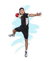 jugador de balonmano abstracto saltando con la pelota de salpicaduras de acuarelas, dibujo coloreado, realista. ilustración vectorial de pinturas