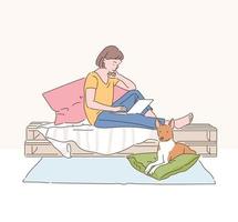 una mujer está leyendo un libro en su cama y un perro está sentado debajo de él. ilustraciones de diseño de vectores de estilo dibujado a mano.