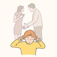 The father is arguing with the mother and the child is covering his ears with a sad expression. hand drawn style vector design illustrations.